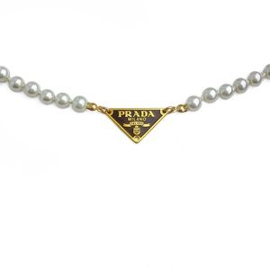 Authentic Prada Repurposed Small Gold Mocha Triangle Logo Pearl Necklace